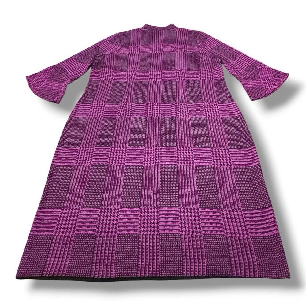 Ming Wang Split V Neck Dress Knit Pink Black Plaid Bell Sleeve Women’s Size XL